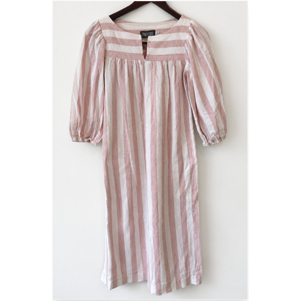 Vintage Tracy Feith Women's Pink Striped Cotton Puff Sleeve Maxi Dress Size 0